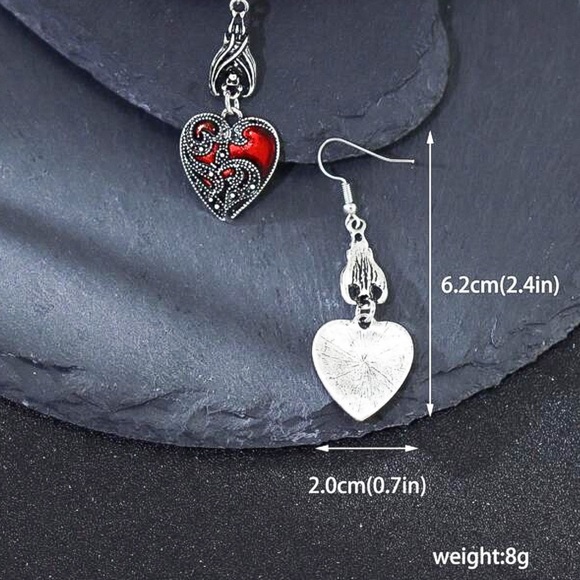 Any 4/$25! Antiqued Silver/Red Lacquer Heart Drop Earrings - Picture 6 of 8